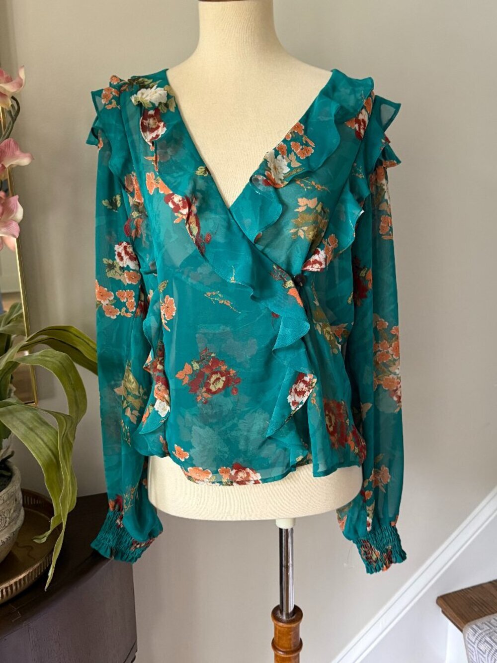 NWOT Anthropologie Sheer Wrap Teal Floral Blouse Small/Medium